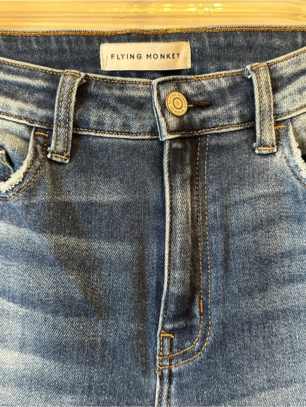 Flying Monkey Dark Blue Flare Jeans with Knee Distress